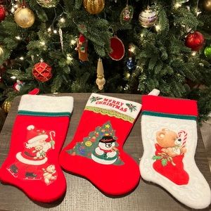 Vintage Morehead Felt Christmas Holiday Stockings Santa Bear Candy Cane Set of 3